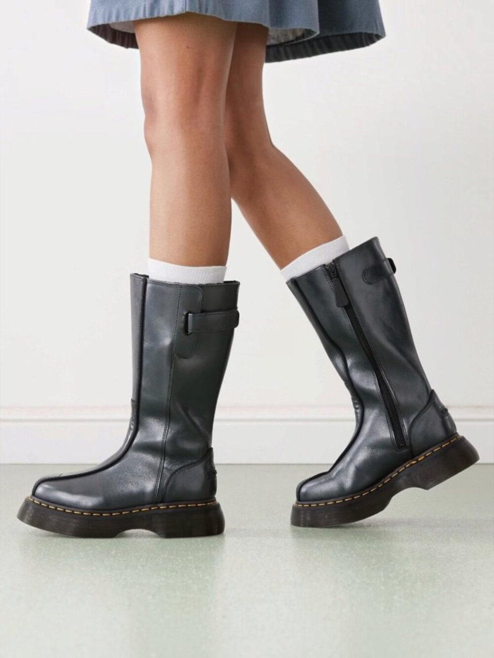 Dr Martens Buzz Hi Womens Black Leather Boots 8 Knee High Grunge Chunky Goth